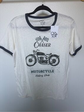 Chaser White Tee with Black Ringer Trim and Motorcycle Graphic